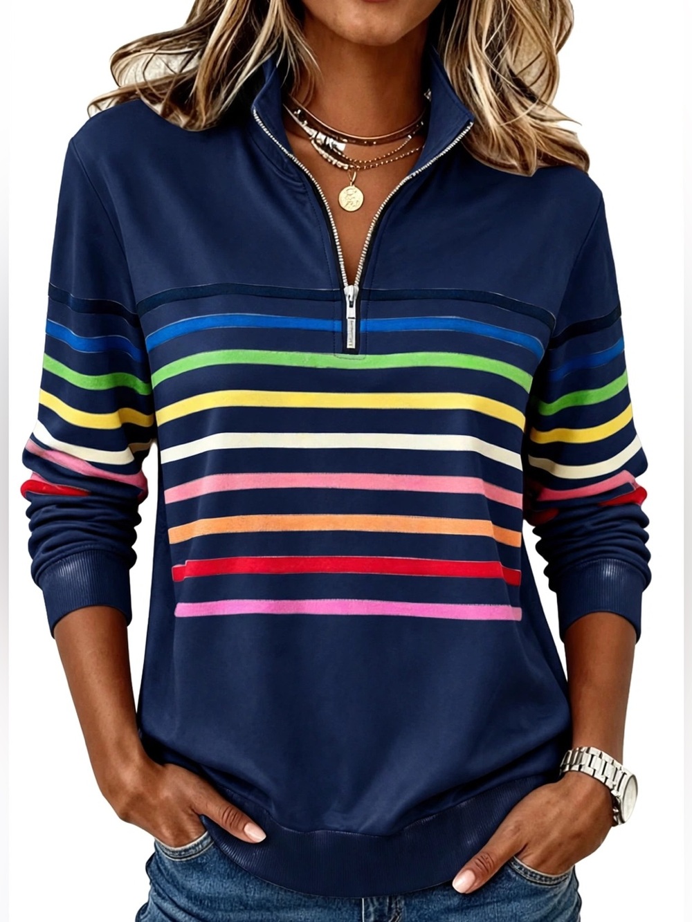 Aumora Rainbow Stripe Quarter Zip Pullover Sweatshirt Dark Blue XL NWT TikTok